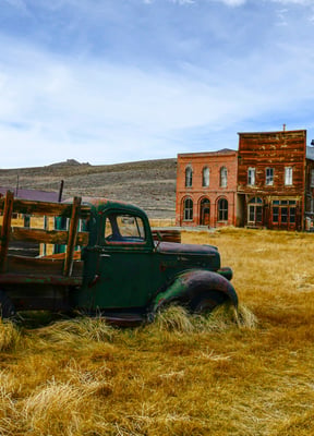 Bodie ghost town preserved buildings and old truck