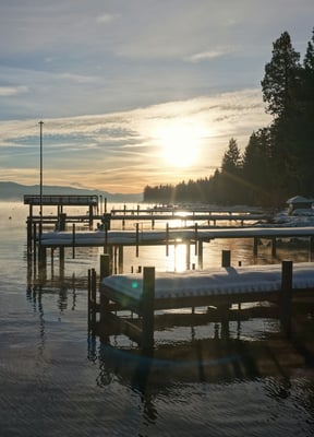 Tahoe City lakefront dock at sunrise