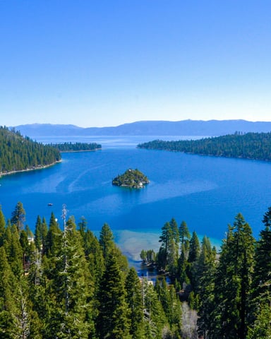 Emerald Bay Lake Tahoe aerial island vivid blue