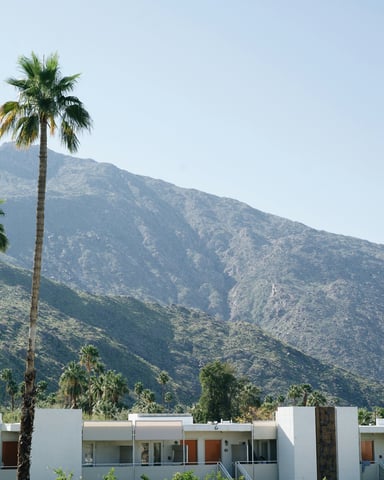 Palm Springs mid-century buildings with mountains