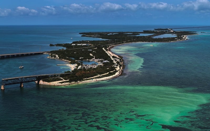 Aerial of Bahia Honda Key in the Florida Keys, turquoise water and white sand