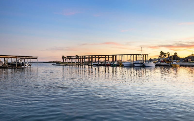 Sunset light across Bluff's Landing marina