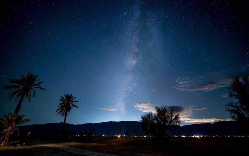 Palm-lined California Desert neighborhood beneath mountain light