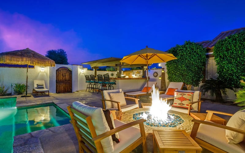 La Quinta fire pit and pool at night